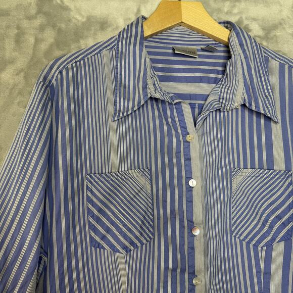 Chico's Shirt Womens 3 XL Blue White Striped Button Front Silk Blend 3/4 Sleeve - Picture 1 of 10